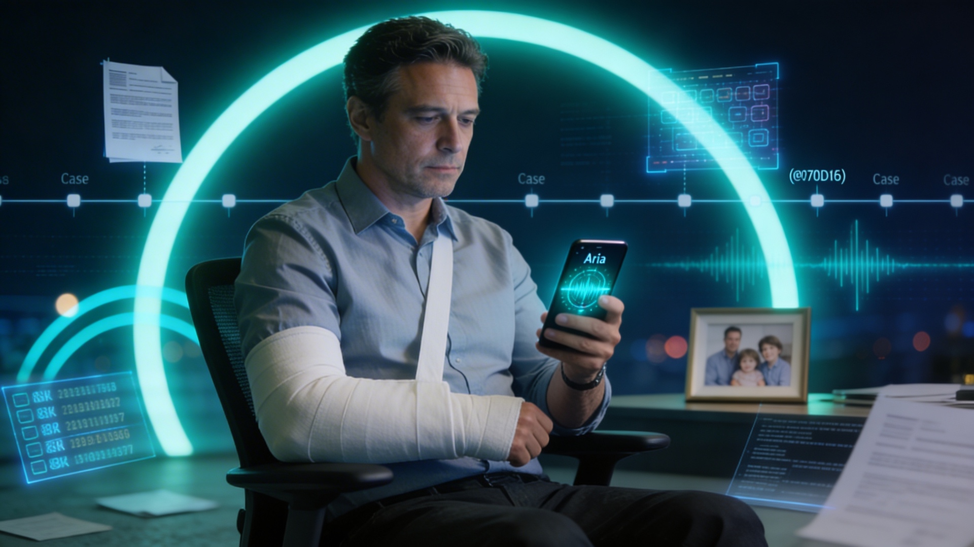 A man seated at a desk, arm in a sling, quietly recording an incident in Aria on his phone