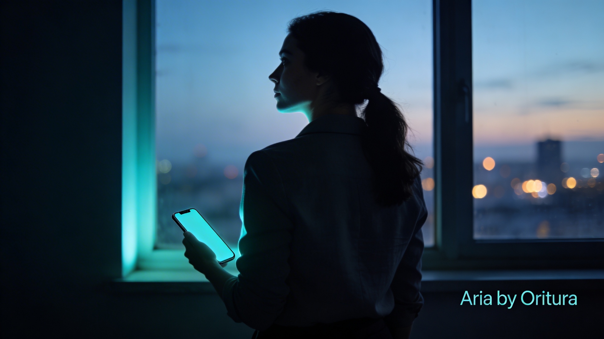 A woman at a window at blue hour, her phone lit with Aria